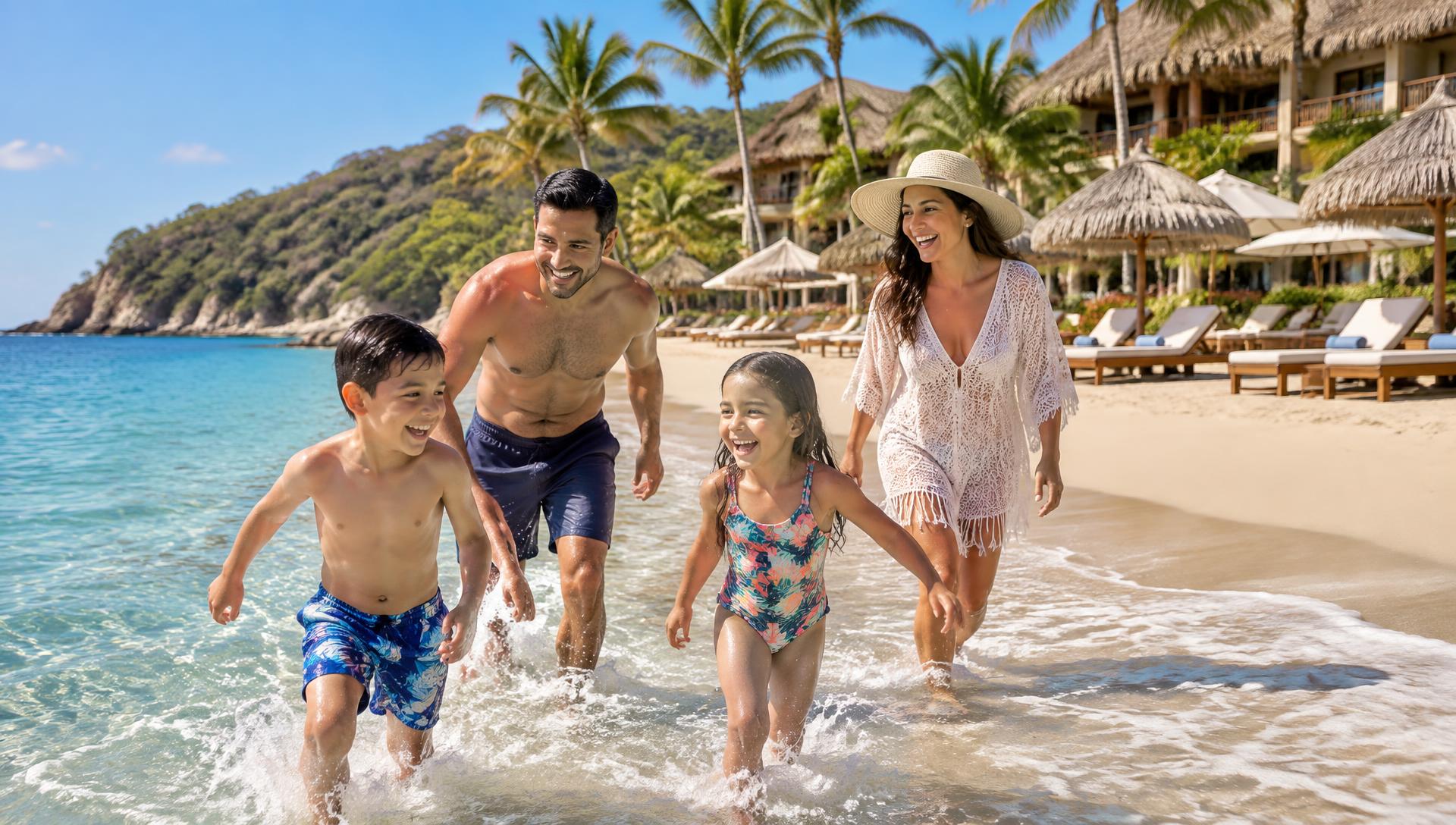 Familia disfrutando de la playa frente a un resort todo incluido en Papagayo, Guanacaste